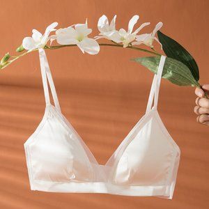 New 93% Real Silk Super Light French Bralette, Size , White, M